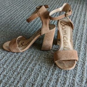 Sam Edelman ankle strap open toe heel, gold accent